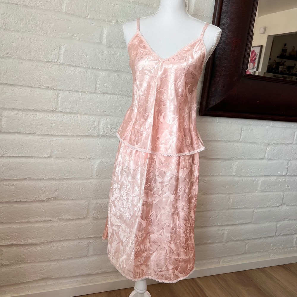 Bonne Nuit Vintage 80's 2 Piece Pajama Set Pink Floral Satin Camisole M Skirt L